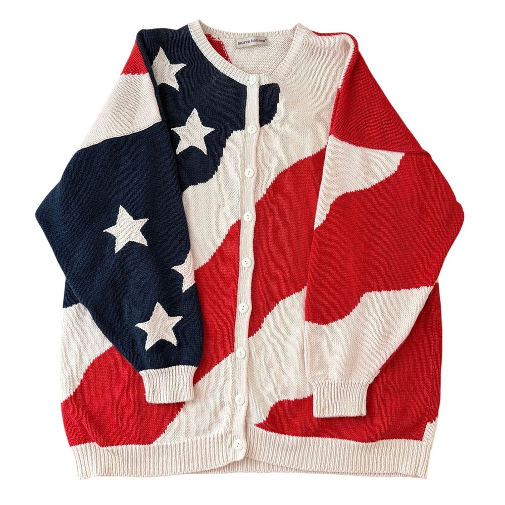 Vintage American Flag Cardigan Sweater Cotton Blend Heavy Knit Stars Stripes USA